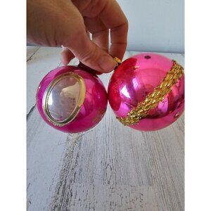 Vintage pink‎ ball glitter gold ornament Austria West Germany ribbon flower Xmas